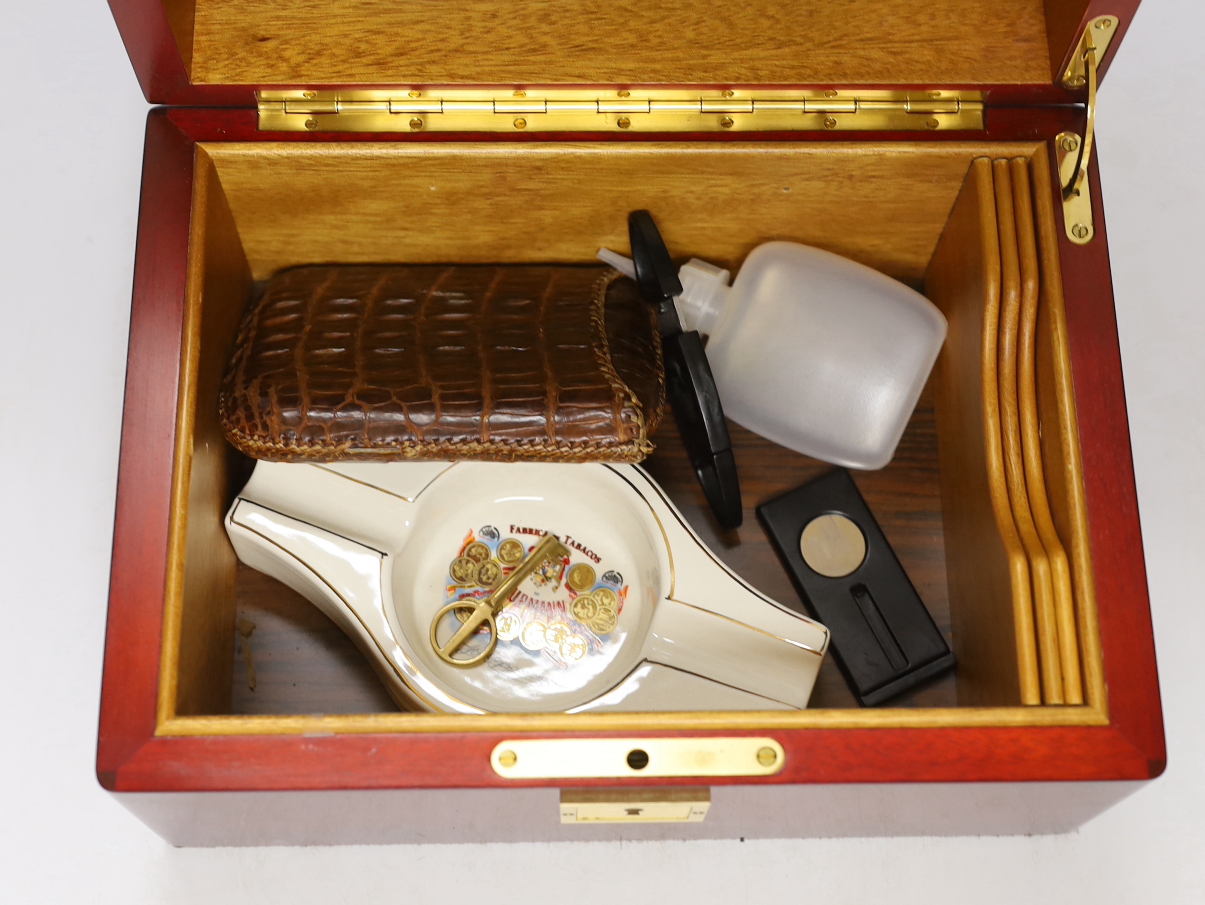 A Davidoff cigar humidor with ash tray, crocodile skin cigar holder etc, 27cm wide x 14.5cm high